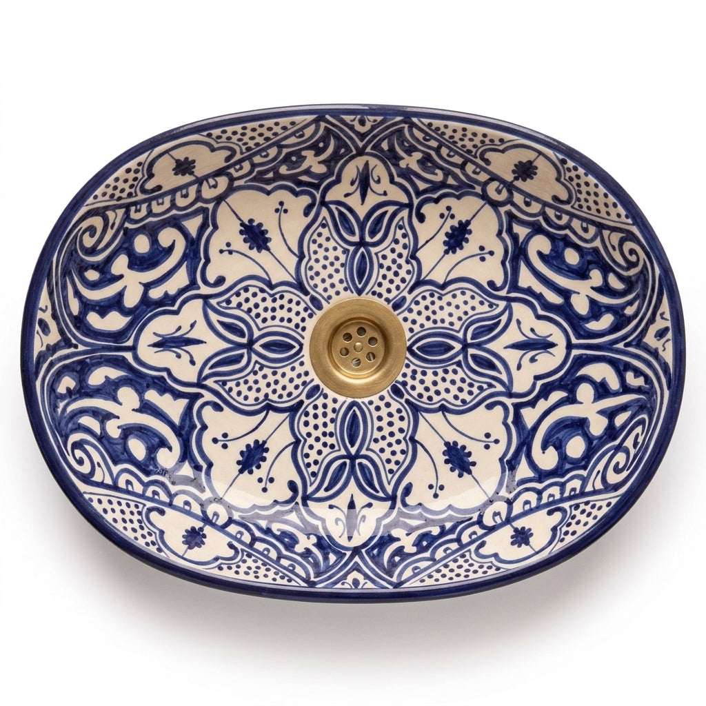 Zellige Arabesque Blue Moroccan ceramic sink - profile view of oval basin