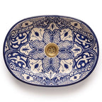 Zellige Arabesque Blue Moroccan ceramic sink - profile view of oval basin