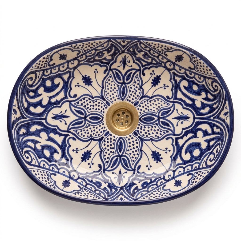 Zellige Arabesque Blue Moroccan ceramic sink - profile view of oval basin