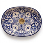 Zellige Arabesque Blue Moroccan ceramic sink - profile view of oval basin