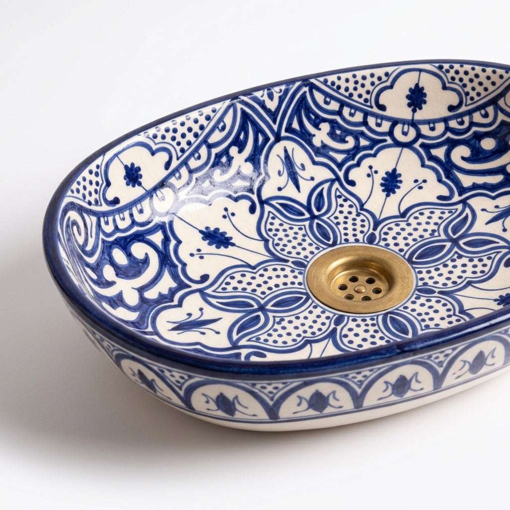 Zellige Arabesque Blue Moroccan ceramic sink - macro close-up of hand-painted blue and white design