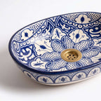 Zellige Arabesque Blue Moroccan ceramic sink - macro close-up of hand-painted blue and white design