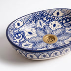 Zellige Arabesque Blue Moroccan ceramic sink - macro close-up of hand-painted blue and white design
