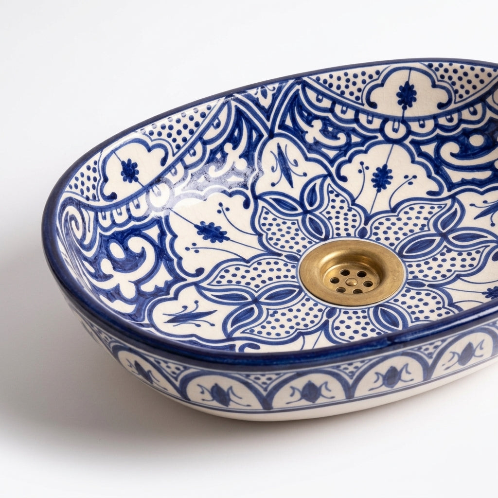 Zellige Arabesque Blue Moroccan ceramic sink - macro close-up of hand-painted blue and white design
