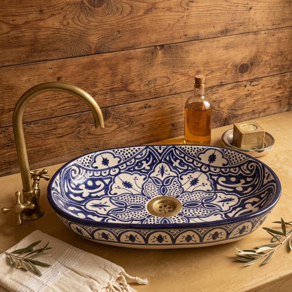 Zellige Arabesque Blue Moroccan ceramic vessel sink styled on a bathroom counter in a Moroccan-inspired setting