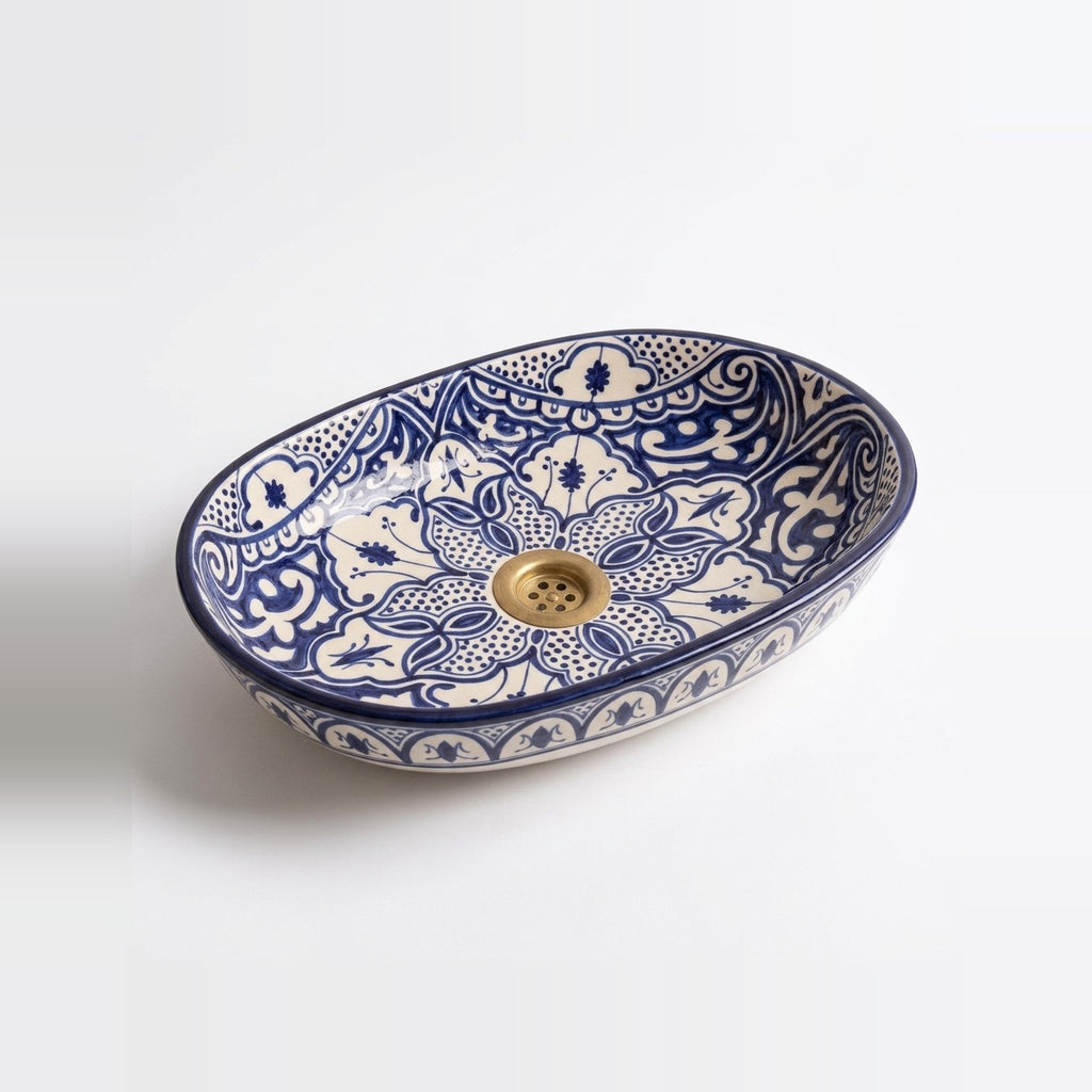 Zellige Arabesque Blue Moroccan ceramic vessel sink - hand-painted cobalt arabesque scrollwork with brass drain