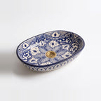 Zellige Arabesque Blue Moroccan ceramic vessel sink - hand-painted cobalt arabesque scrollwork with brass drain