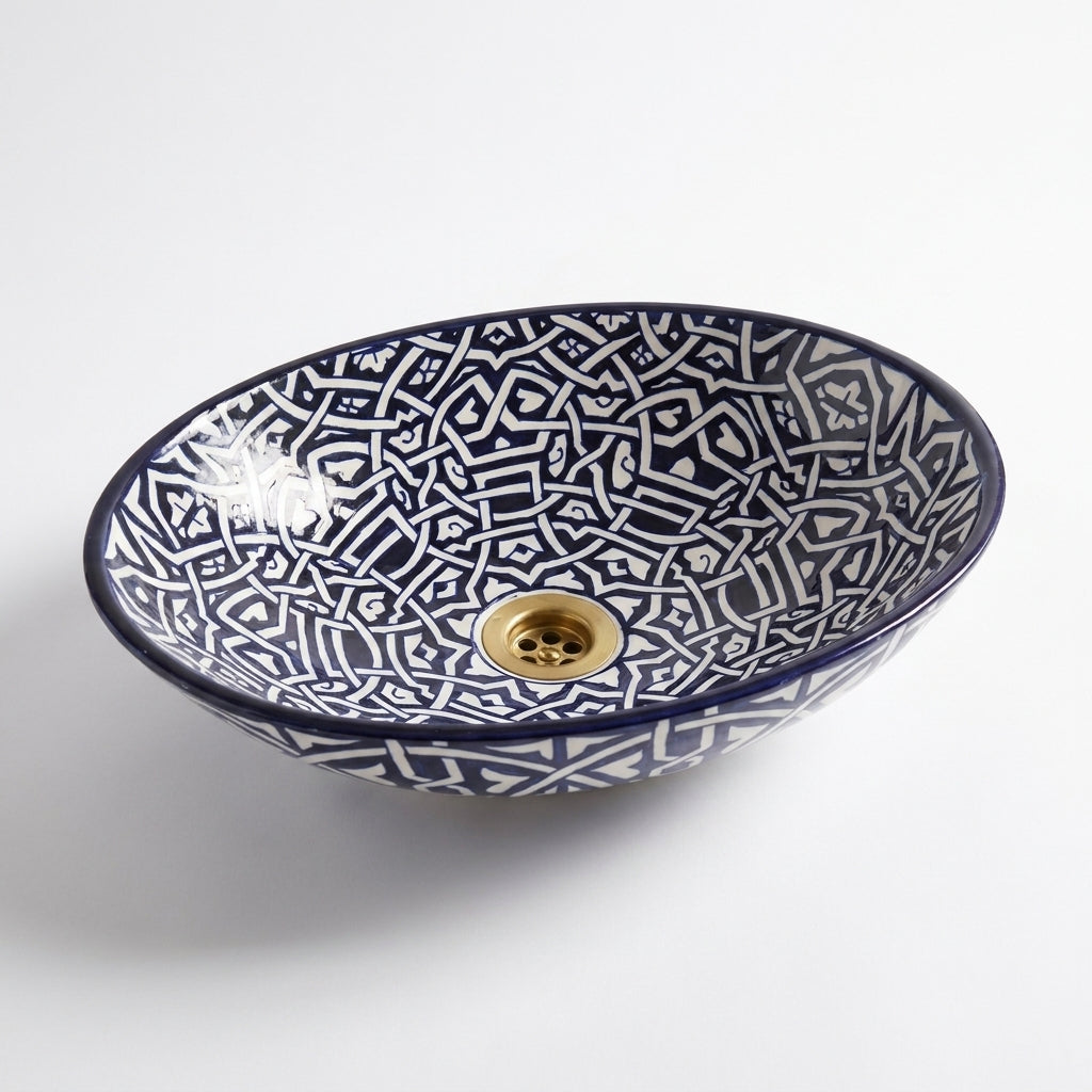 Zellige Knot Oval Moroccan ceramic sink - angled view of oval basin
