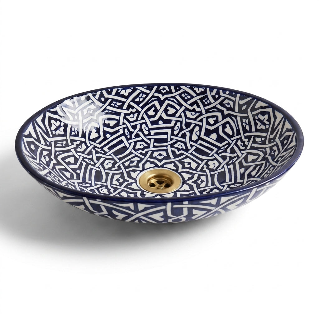 Zellige Knot Oval Moroccan ceramic sink - top view of geometric interior
