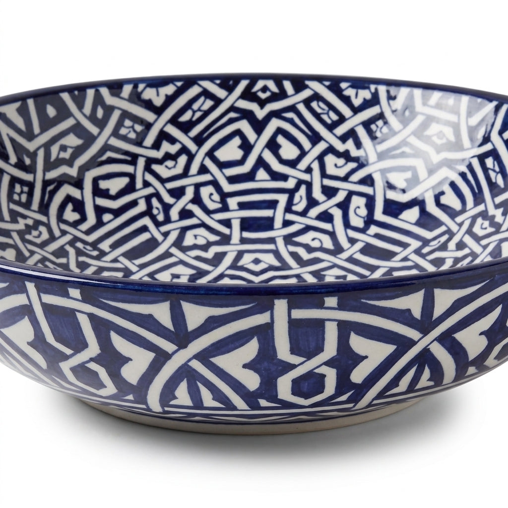 Zellige Knot Oval Moroccan ceramic sink - close-up of navy strapwork detail