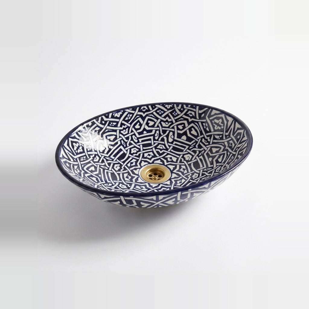 Zellige Knot Oval Moroccan ceramic vessel sink - navy interlaced zellige strapwork with brass drain