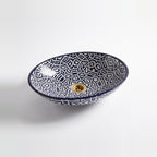 Zellige Knot Oval Moroccan ceramic vessel sink - navy interlaced zellige strapwork with brass drain
