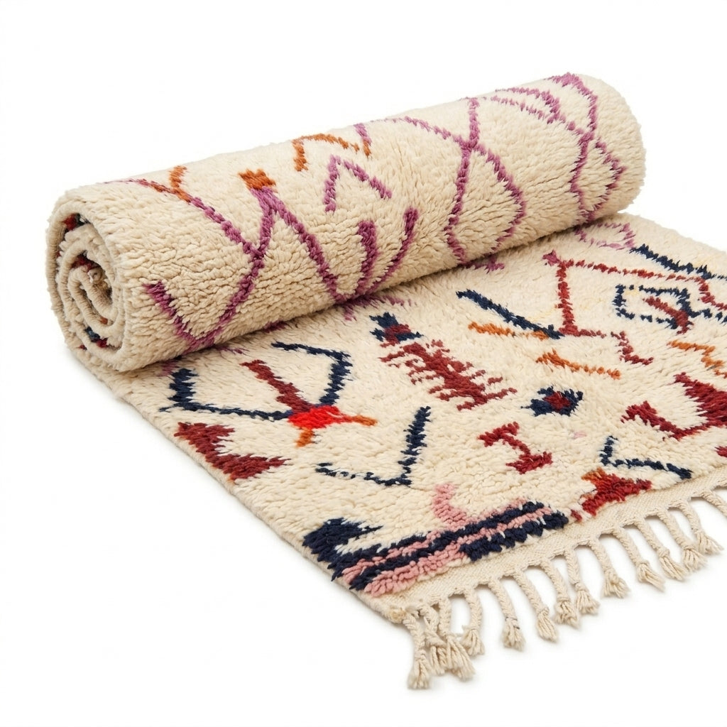 Zigzag Fiesta Azilal rug, handwoven wool with red, navy, purple and orange zigzag motifs, flat lay top view